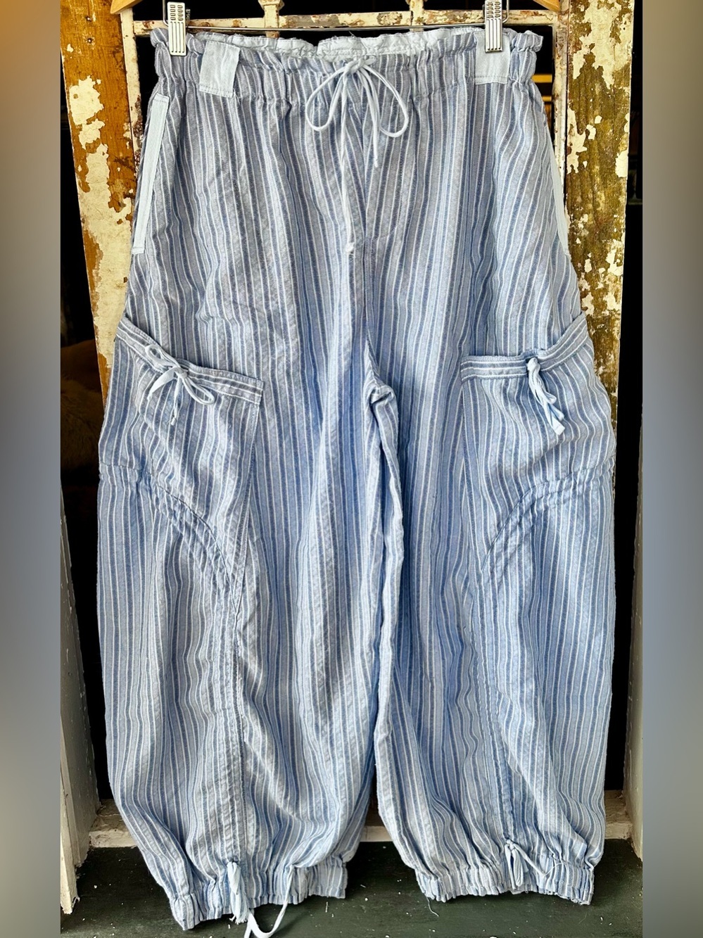Blue Velvet Breana White Blue Striped Balloon Cargo Pants Boho Coastal Parachute - Picture 5 of 12